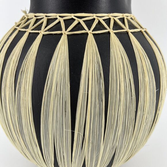 Vintage GMUNDNER KERAMIK Black Stoneware Pitcher Wrapped in Raffia Tribal - Picture 6 of 16